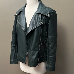 Dark green leather jacket with leopard print lining by Kenna T